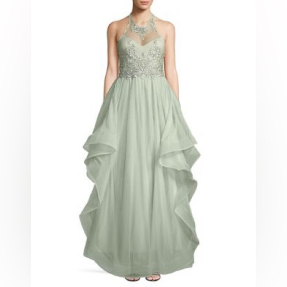 Sequin Hearts Embroidered Halter Gown Mint Sage Size 10 Womens (Size 11 Juniors)